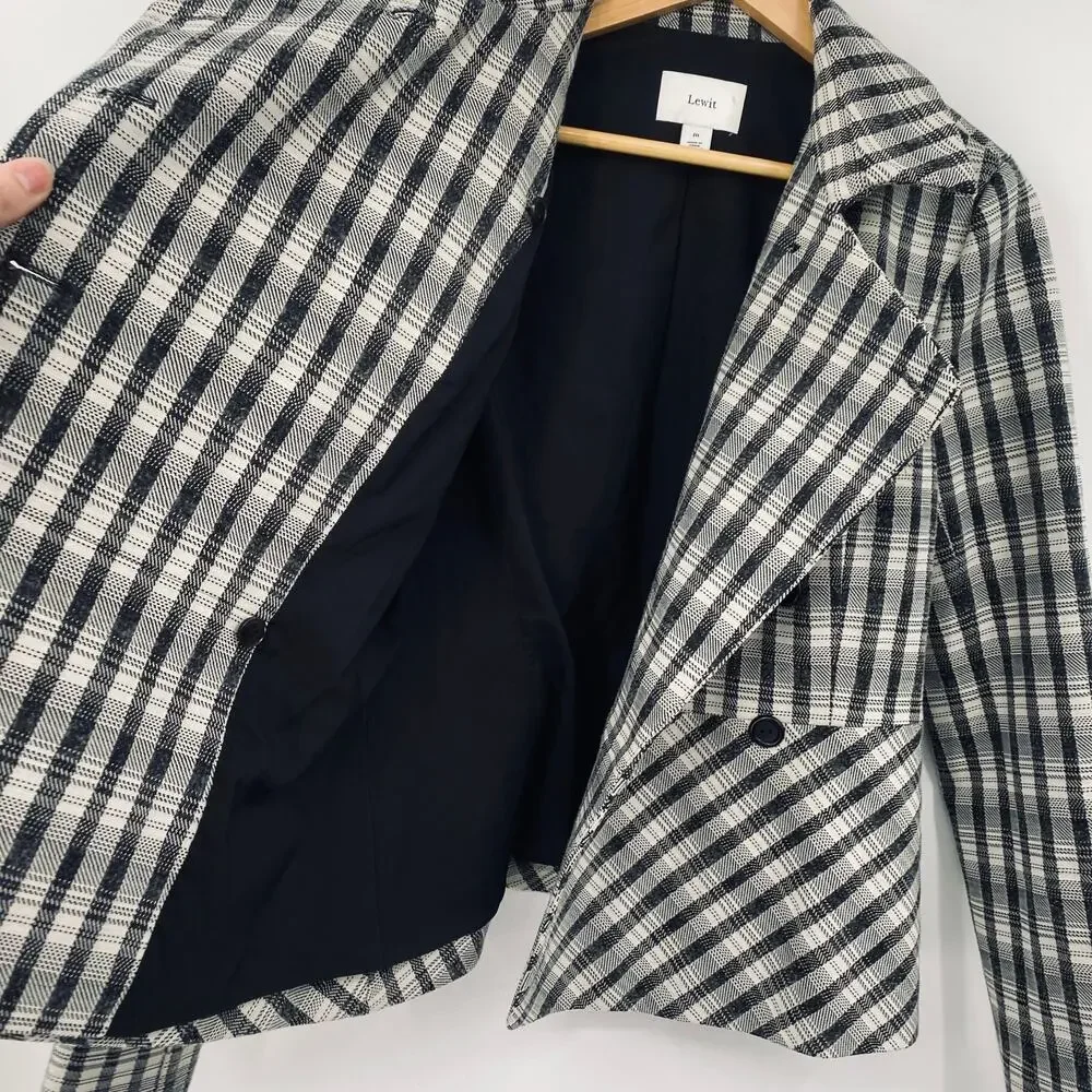 Lewit Chandler Plaid Peplum Jacket Blazer Wool Blend Black Beige Womens Medium